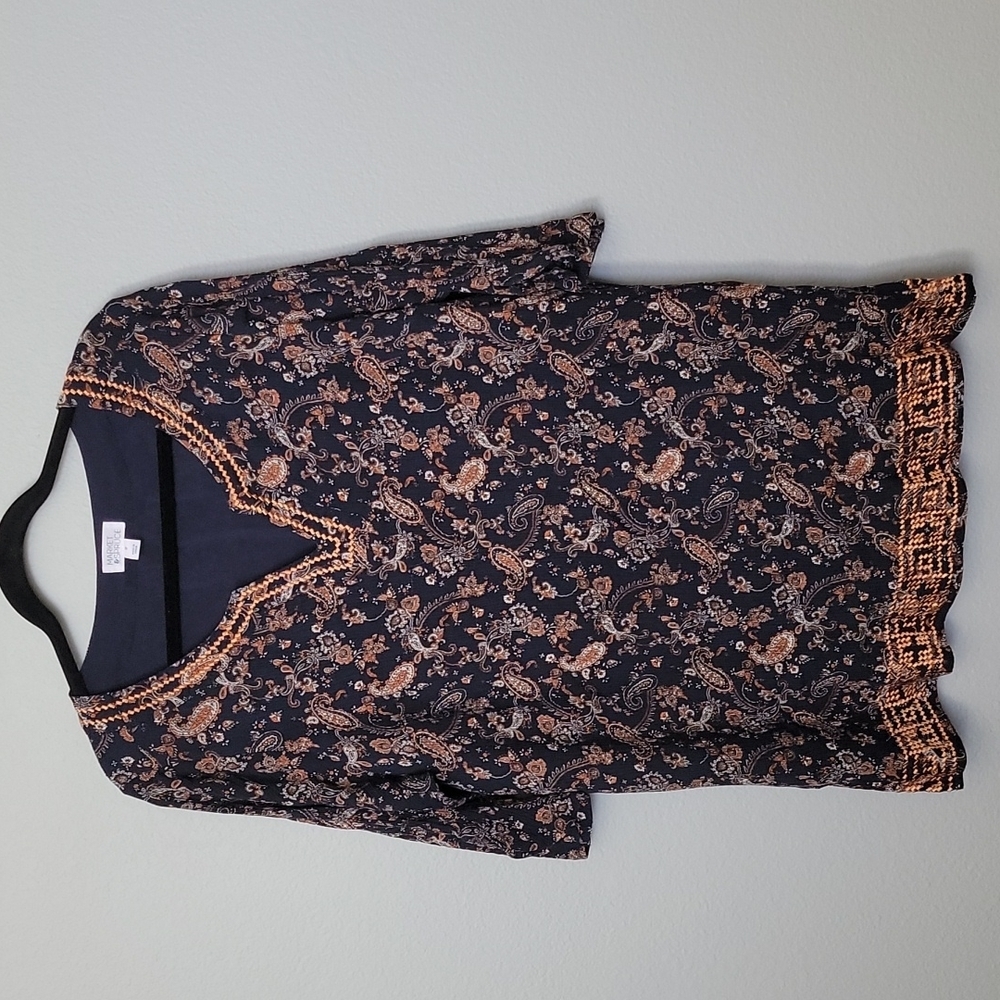 Market & Spruce Navy Blue Plus Size Fall Boho Pleated Paisley Top Blouse 2X